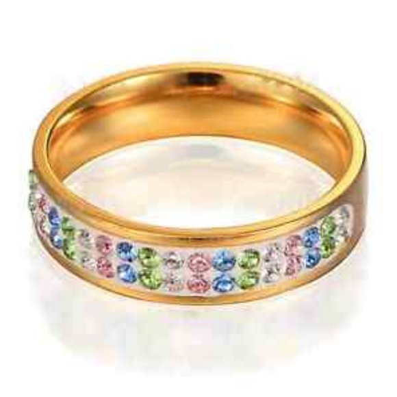 Gold Eternity Band Ring Size 6 8 9 10 11 Pink Blue Green Plated Stackable - Picture 1 of 10